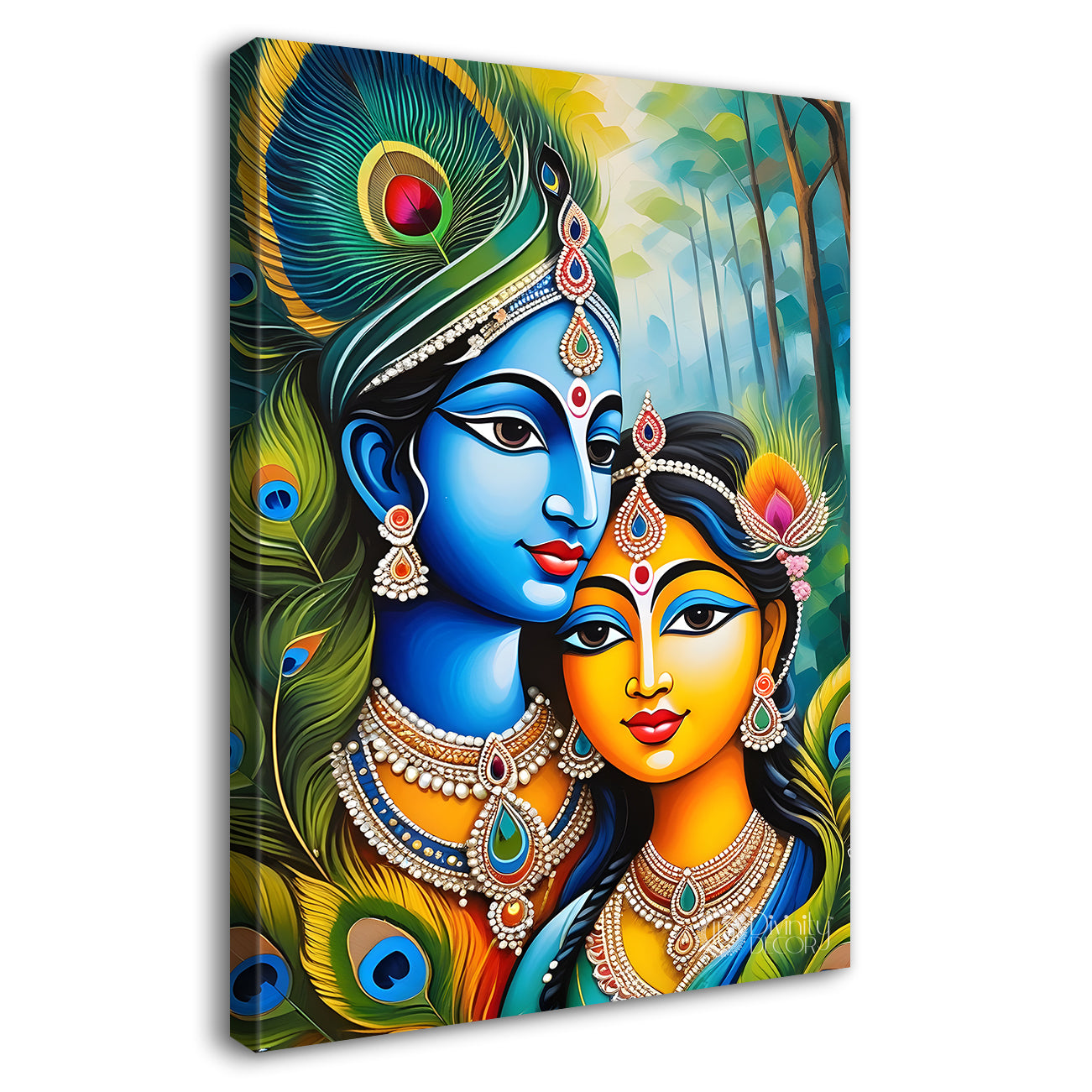 Blue face of krishna with radha in green background textured art Canvas Painting - Design - Krishna-V-53