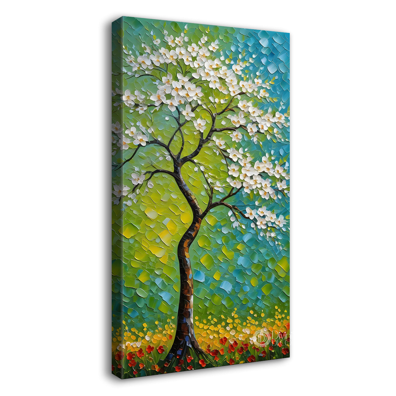 White flowers tree in textured oil painting Canvas painting - Tree-V-53