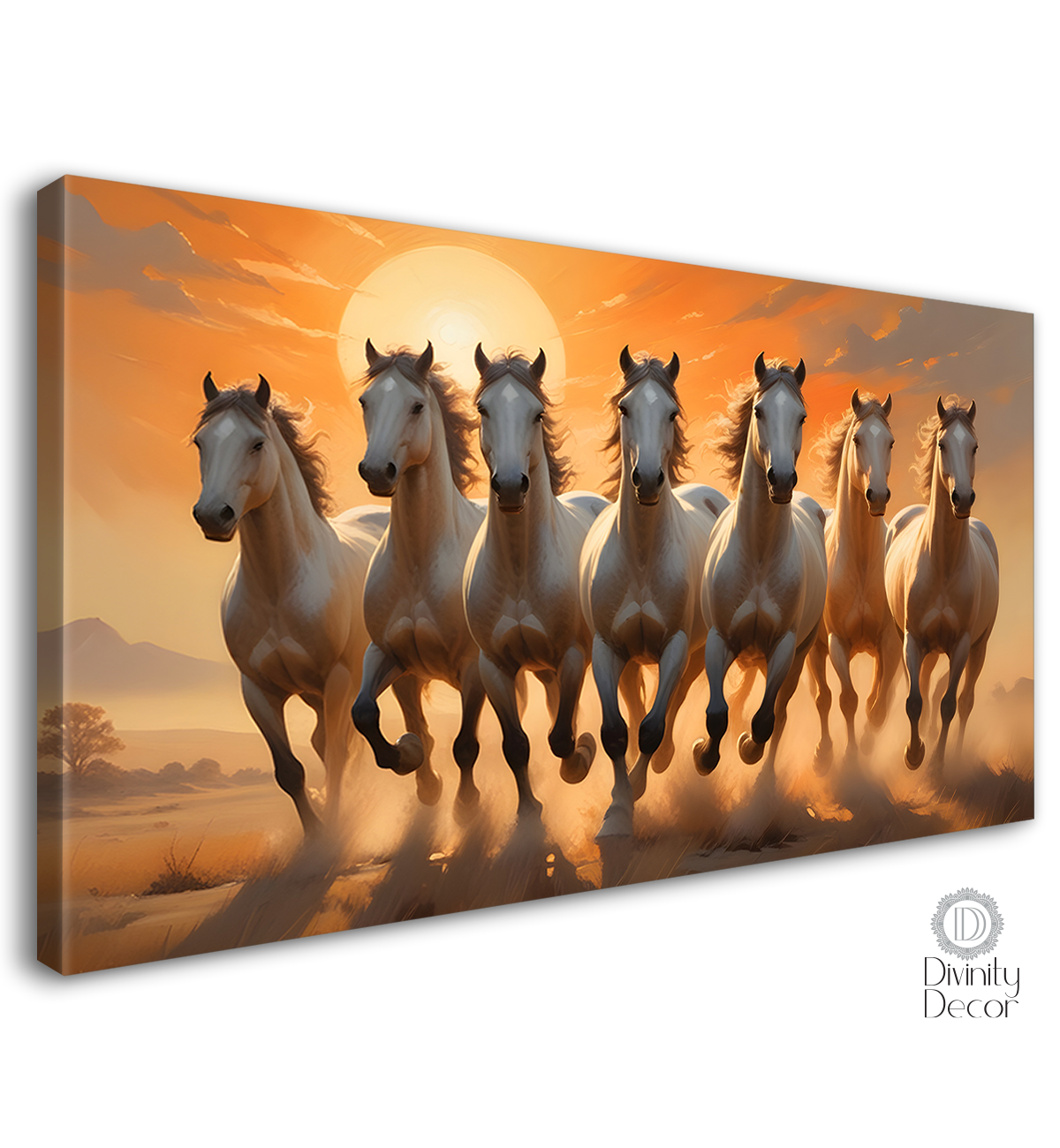 White running horses in sunset textured background art Canvas Painting - Design - Horse-54