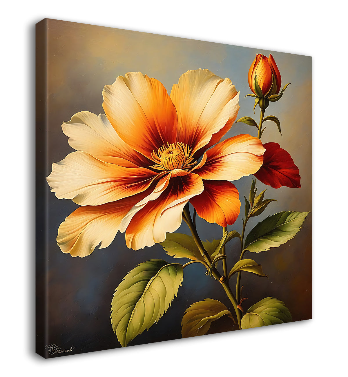 Orange flower in brown textured painting Flower-S-541