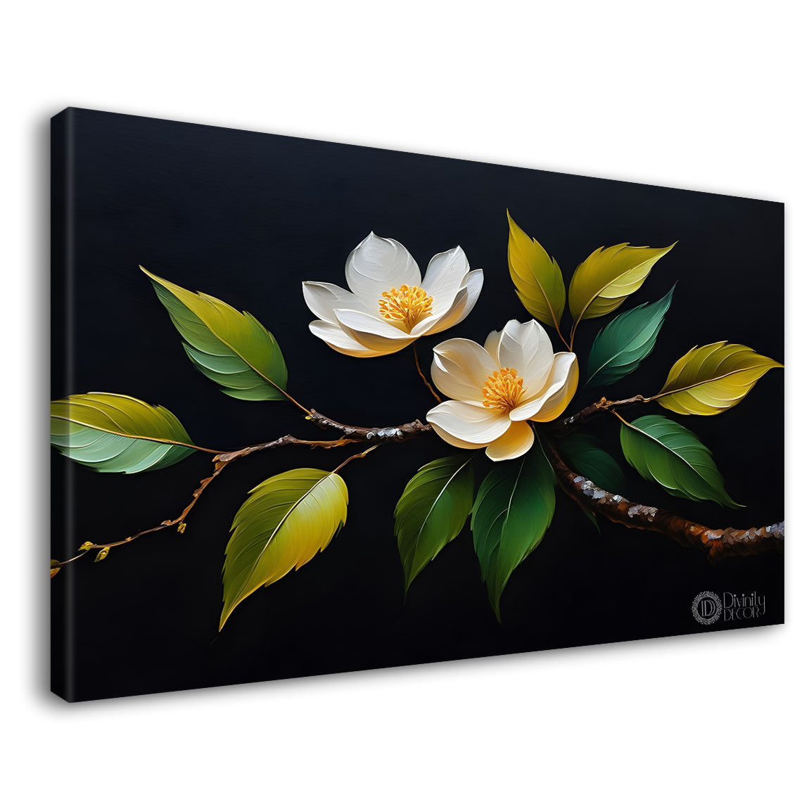 White flowers in black background canvas painting- Flower-542