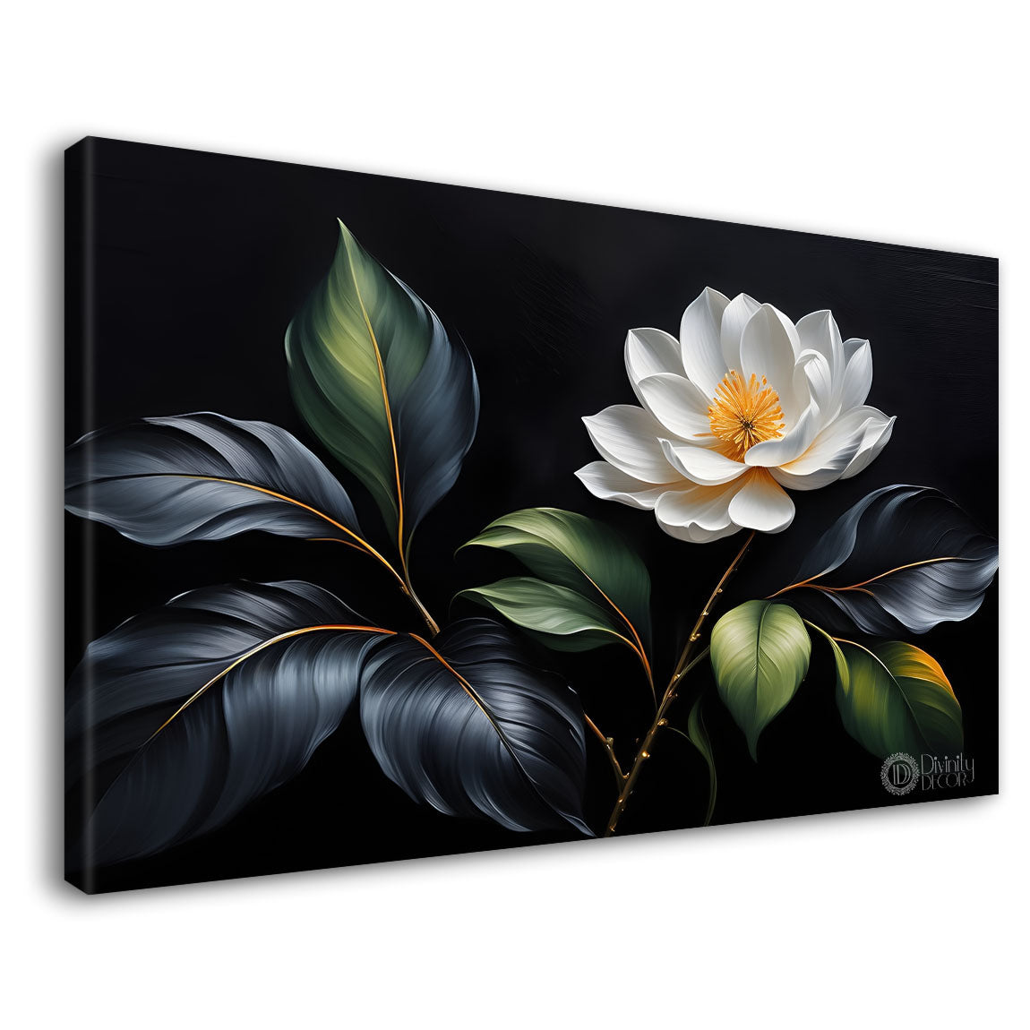 White flower in black background canvas painting- Flower-543