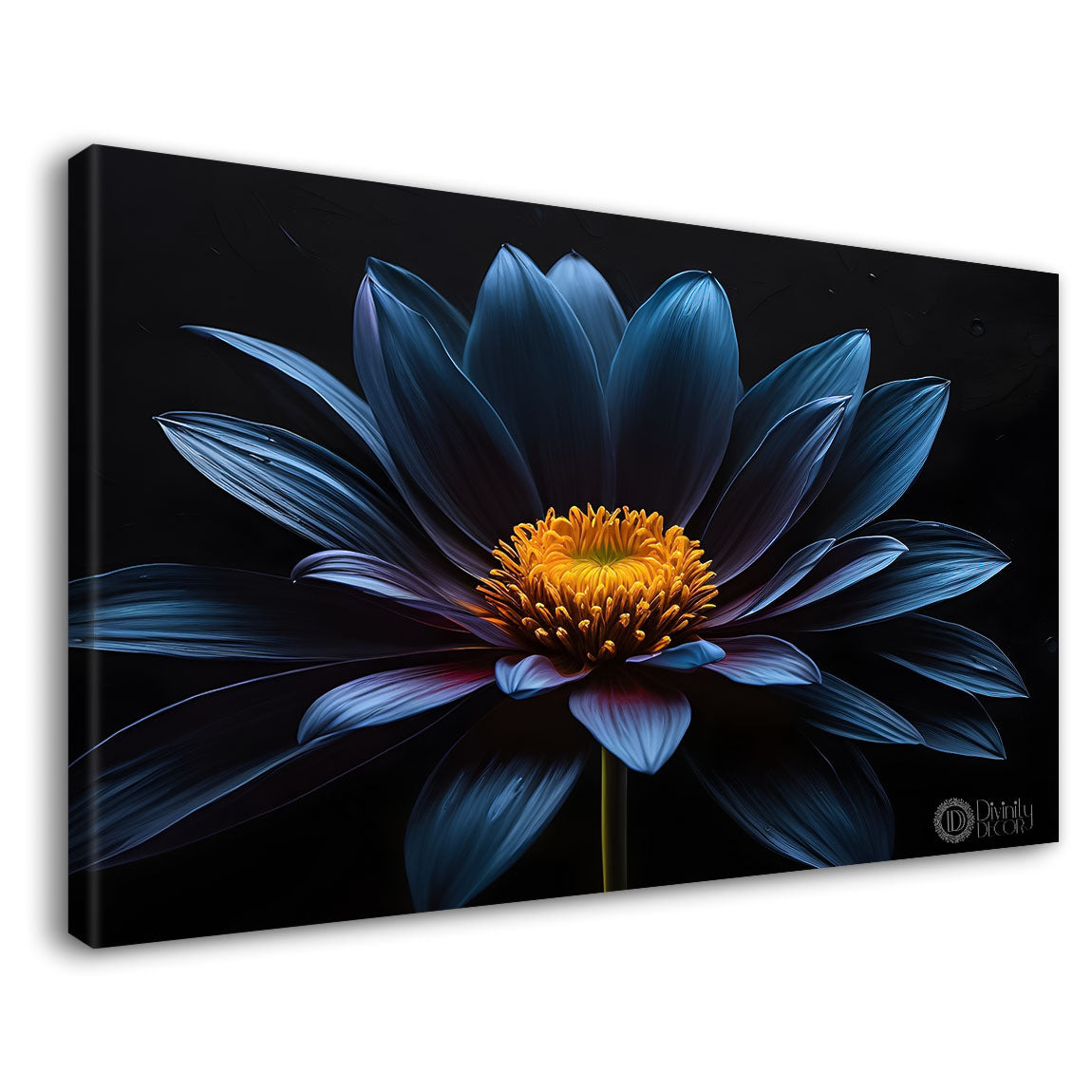 Navy blue flowers in black background canvas painting- Flower-544