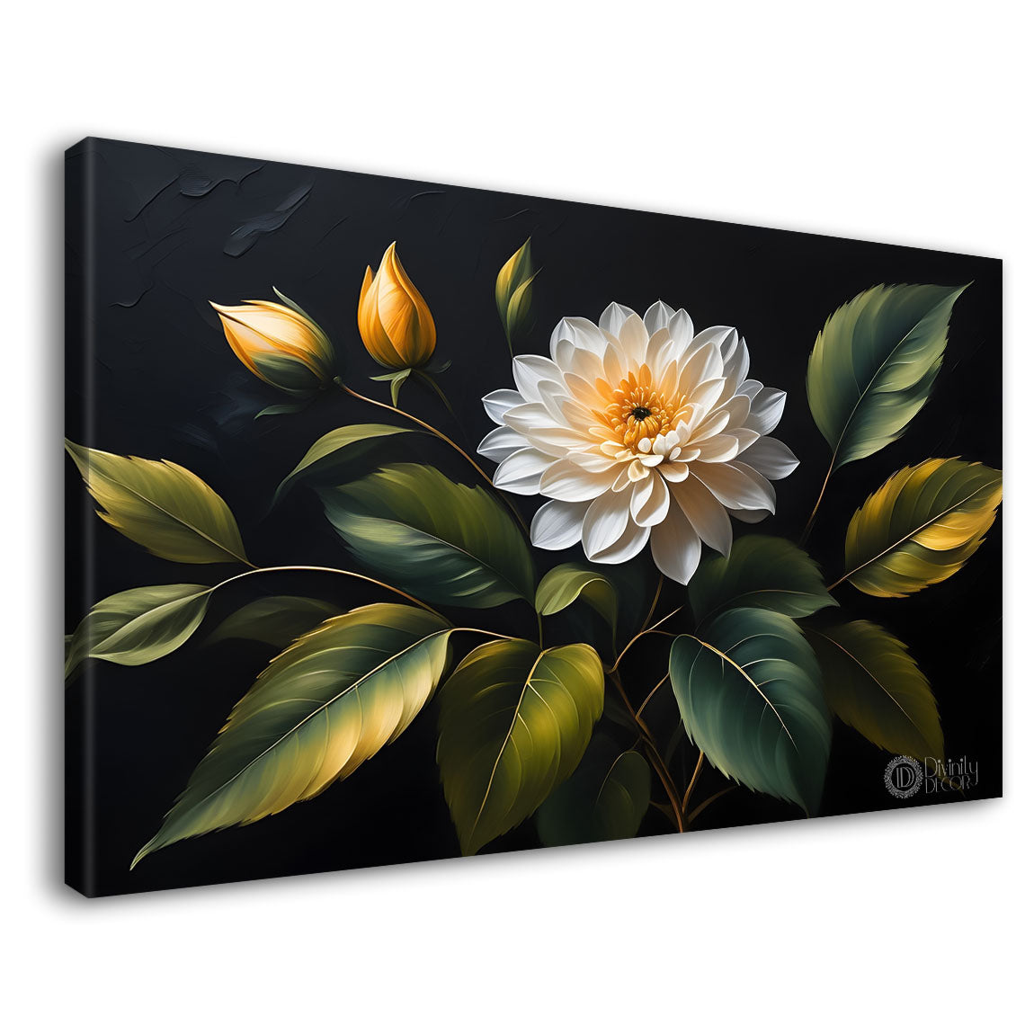 White flower in black background canvas painting- Flower-545