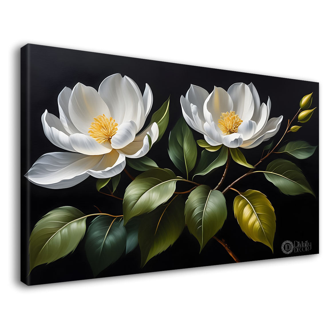 White flower in black background canvas painting- Flower-546