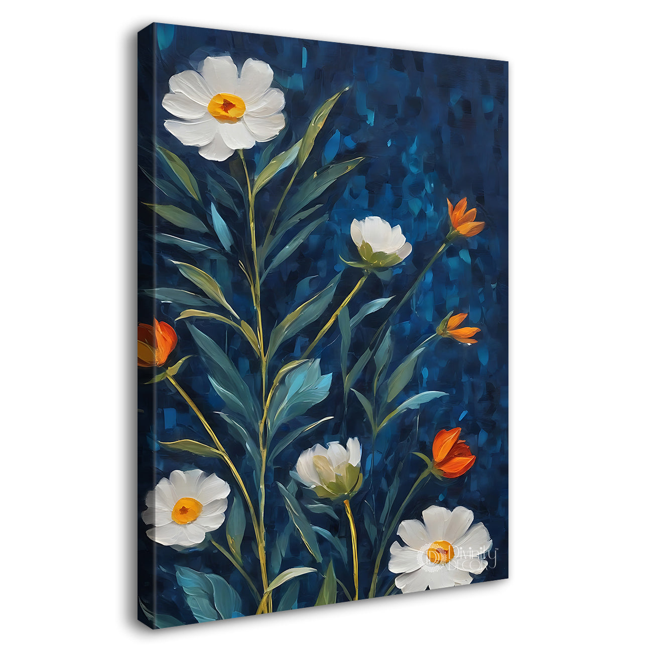 White flowers in navy blue background painting- Flower-V-547