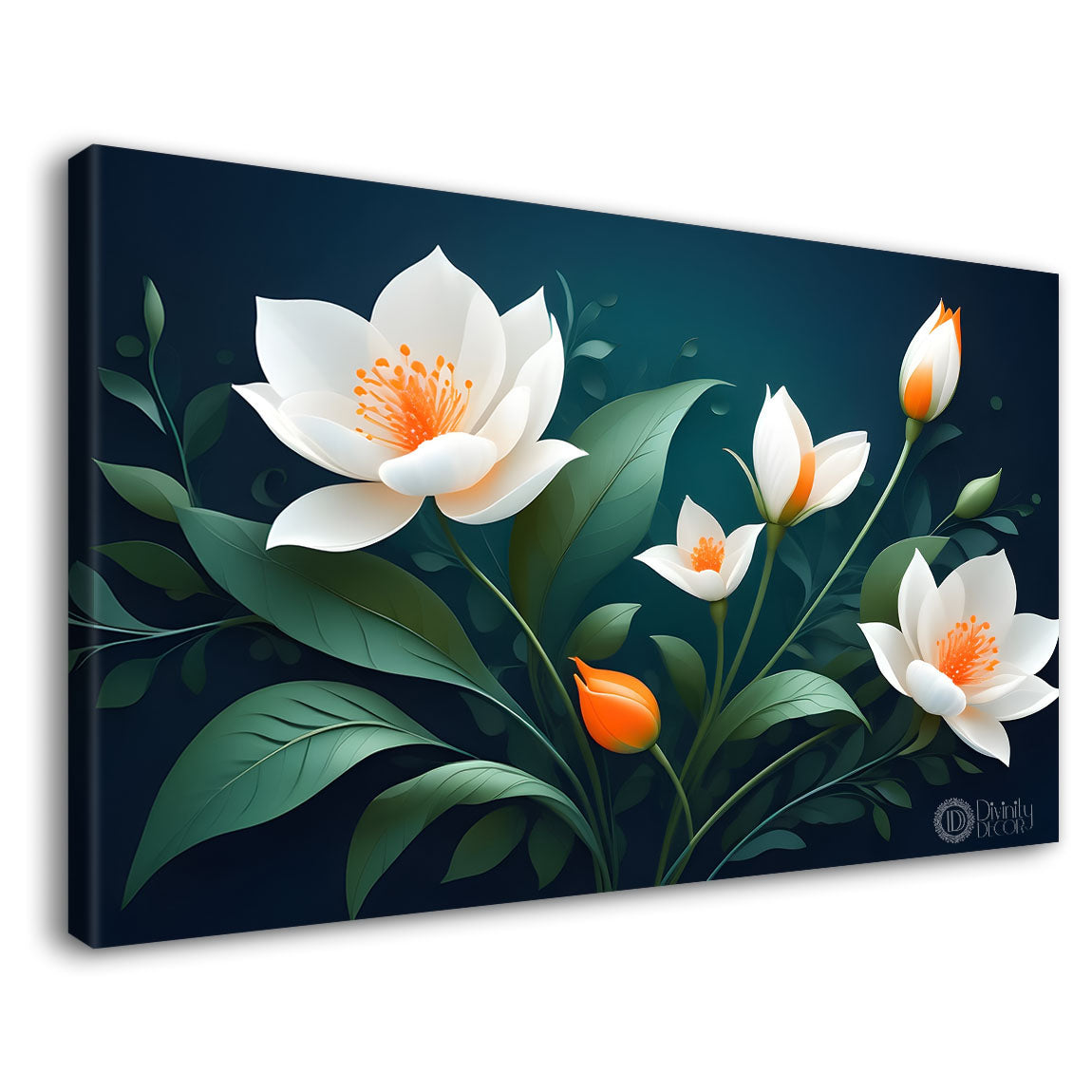 White flowers in sea green background canvas painting- Flower-549