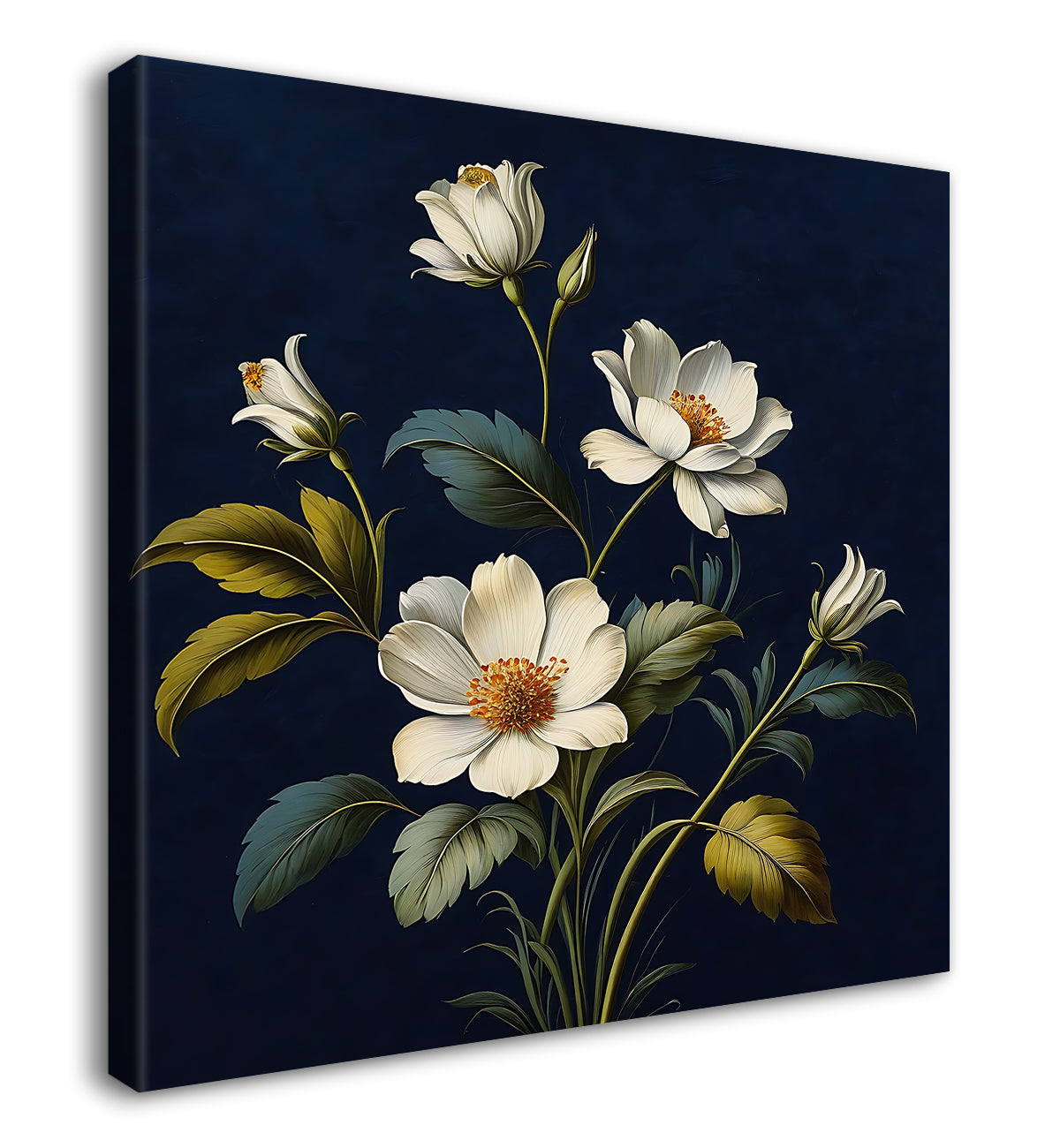 White flowers in navy blue textured painting Flower-S-549