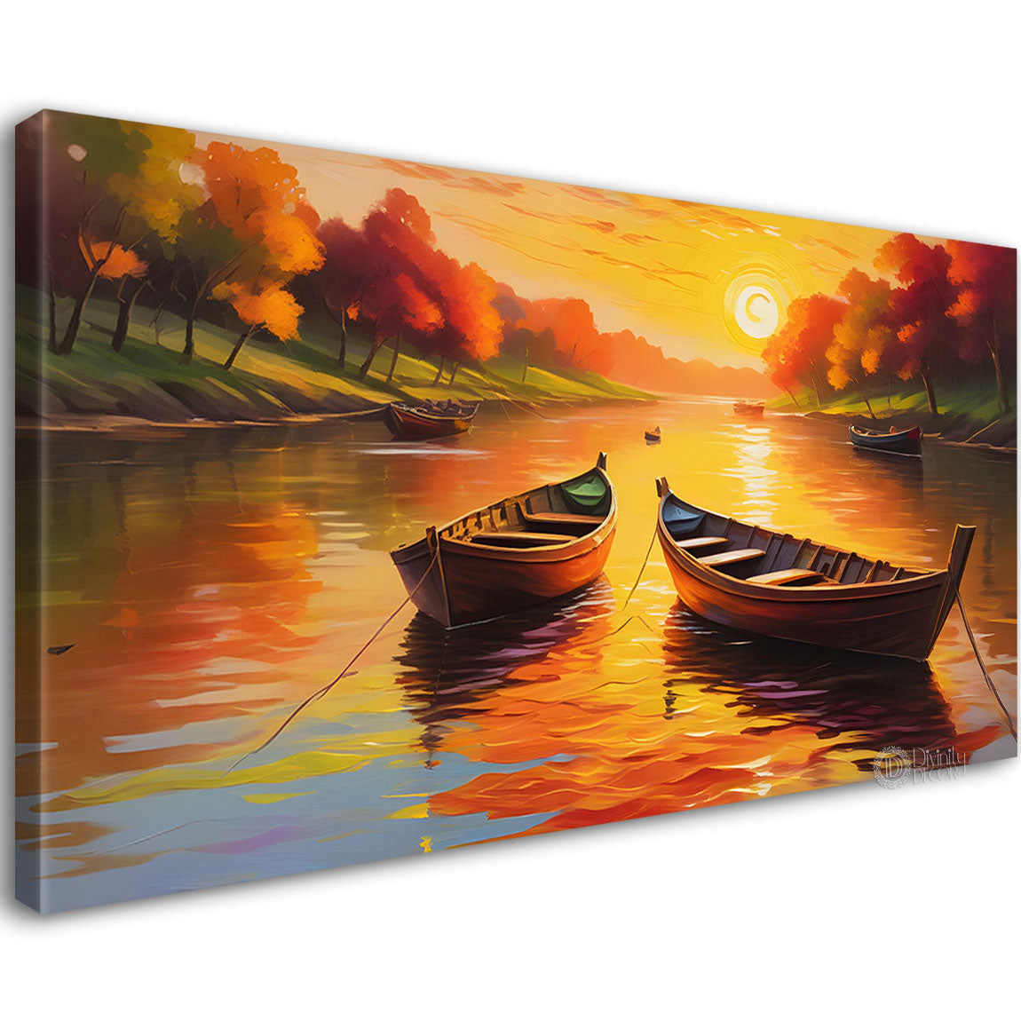 Boats in river with sunset view textured modern art canvas painting - Design - River-54