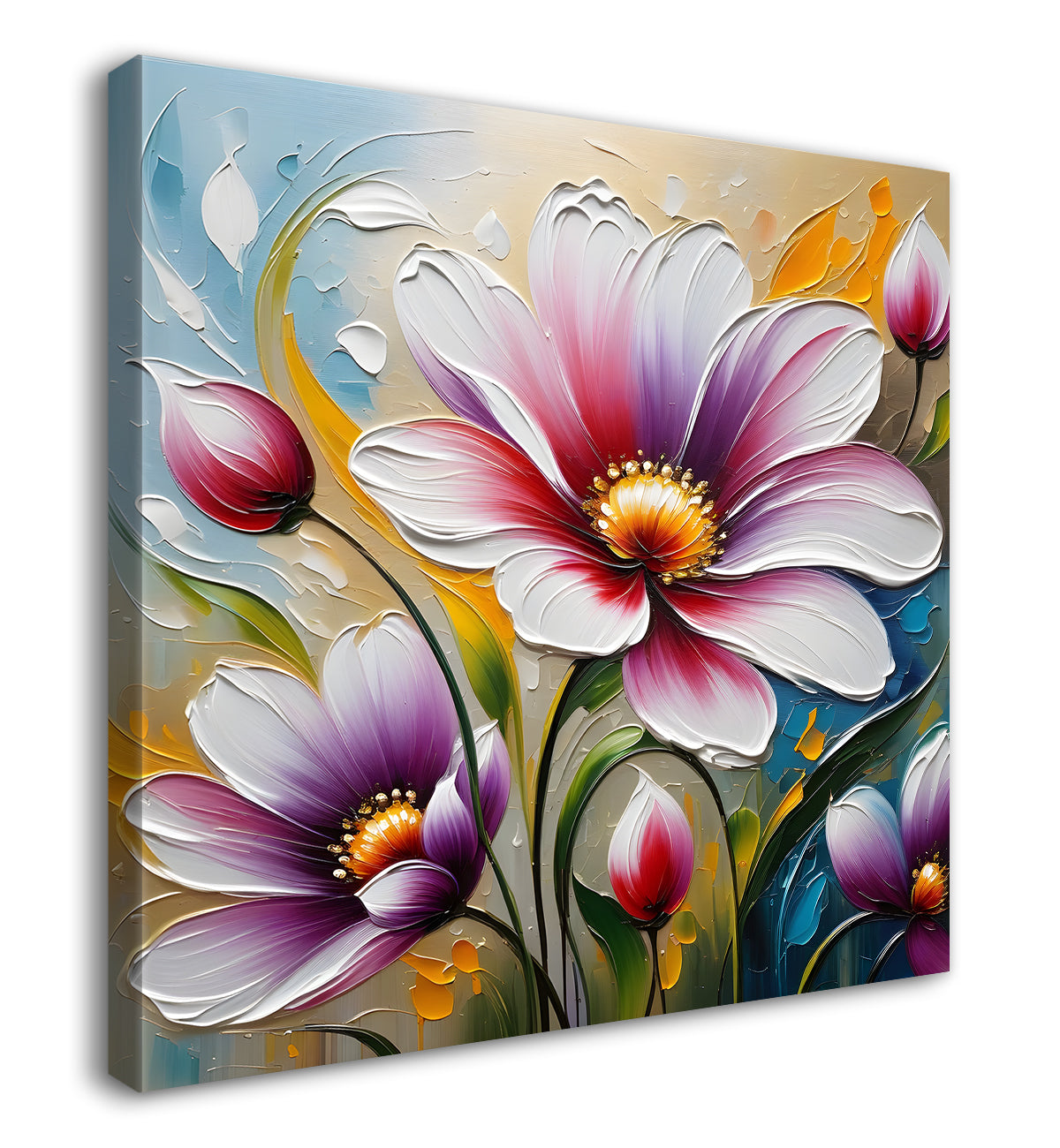 Purple flower in blue background textured painting  - Flower-S-54