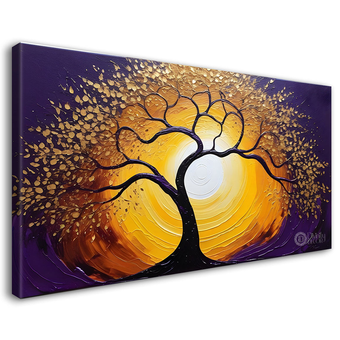 Golden tree in purple textured modern art Canvas Painting - Design - Tree-54