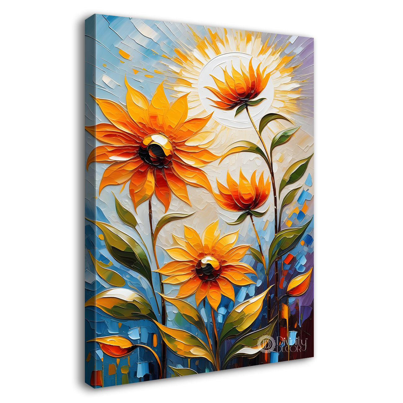 Orange flowers with sun textured painting - Flower-V-54
