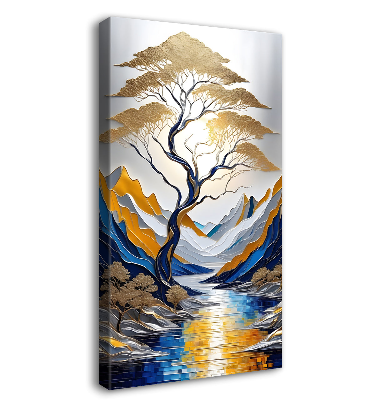 Blue mountains with golden trees textured natural art Canvas Painting - Nature Art -V-54