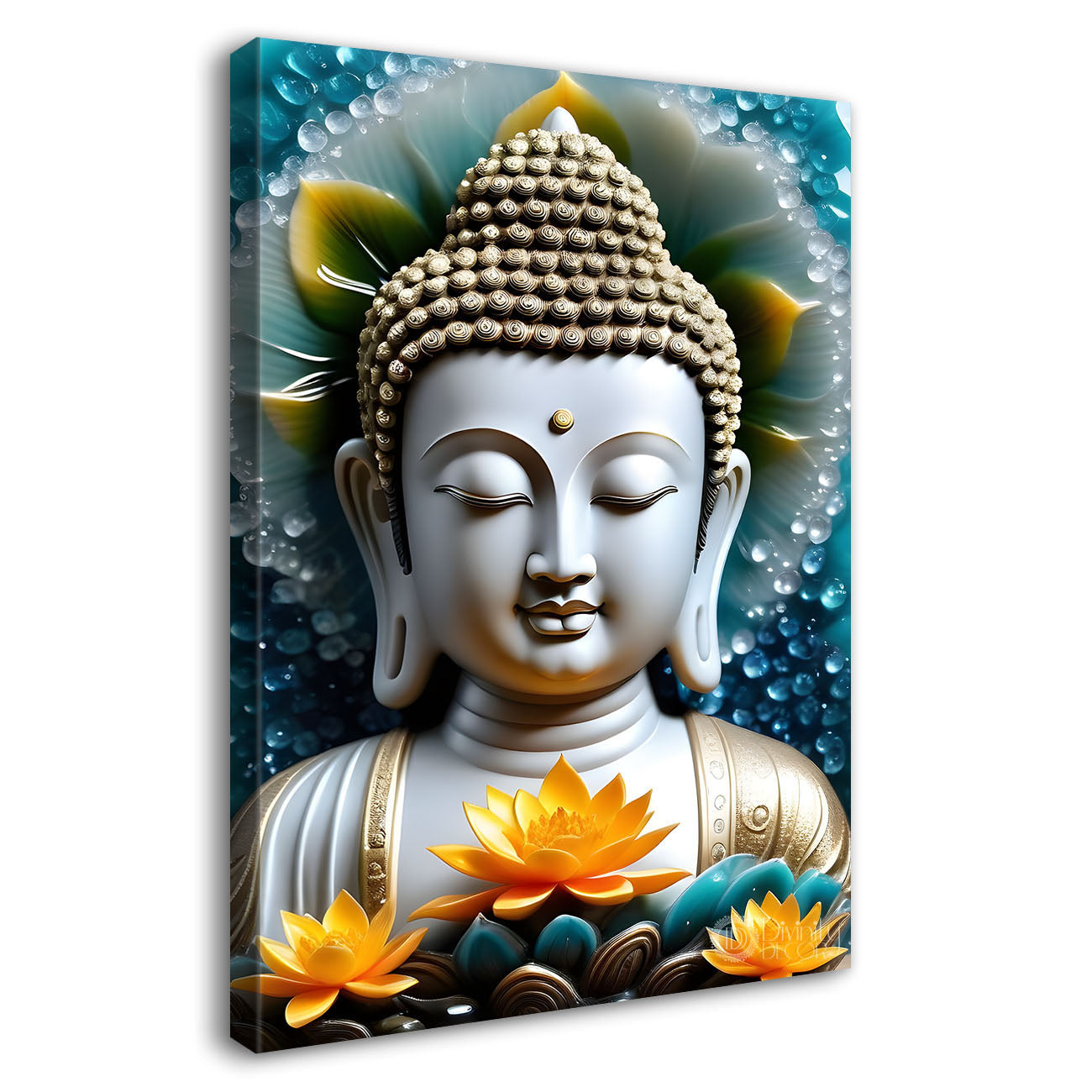 White buddha face with blue and orange flowers background textured painting - Buddha-V-54