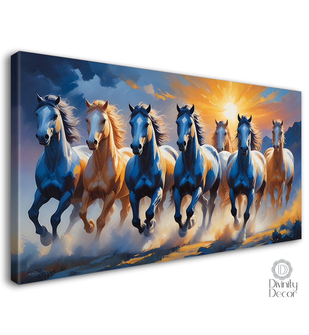 Brown and blue running horses in sunrise and blue textured background art Canvas Painting - Design - Horse-55