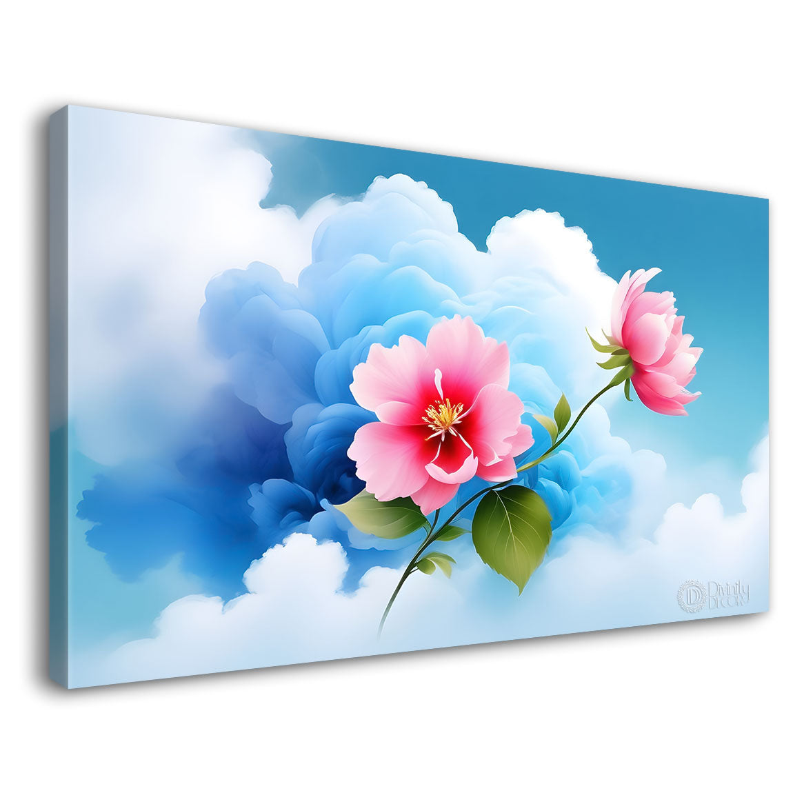 Pink flowers with blue background canvas painting- Flower-550