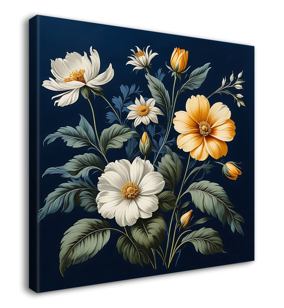 White and yellow flowers in navy blue textured painting Flower-S-550