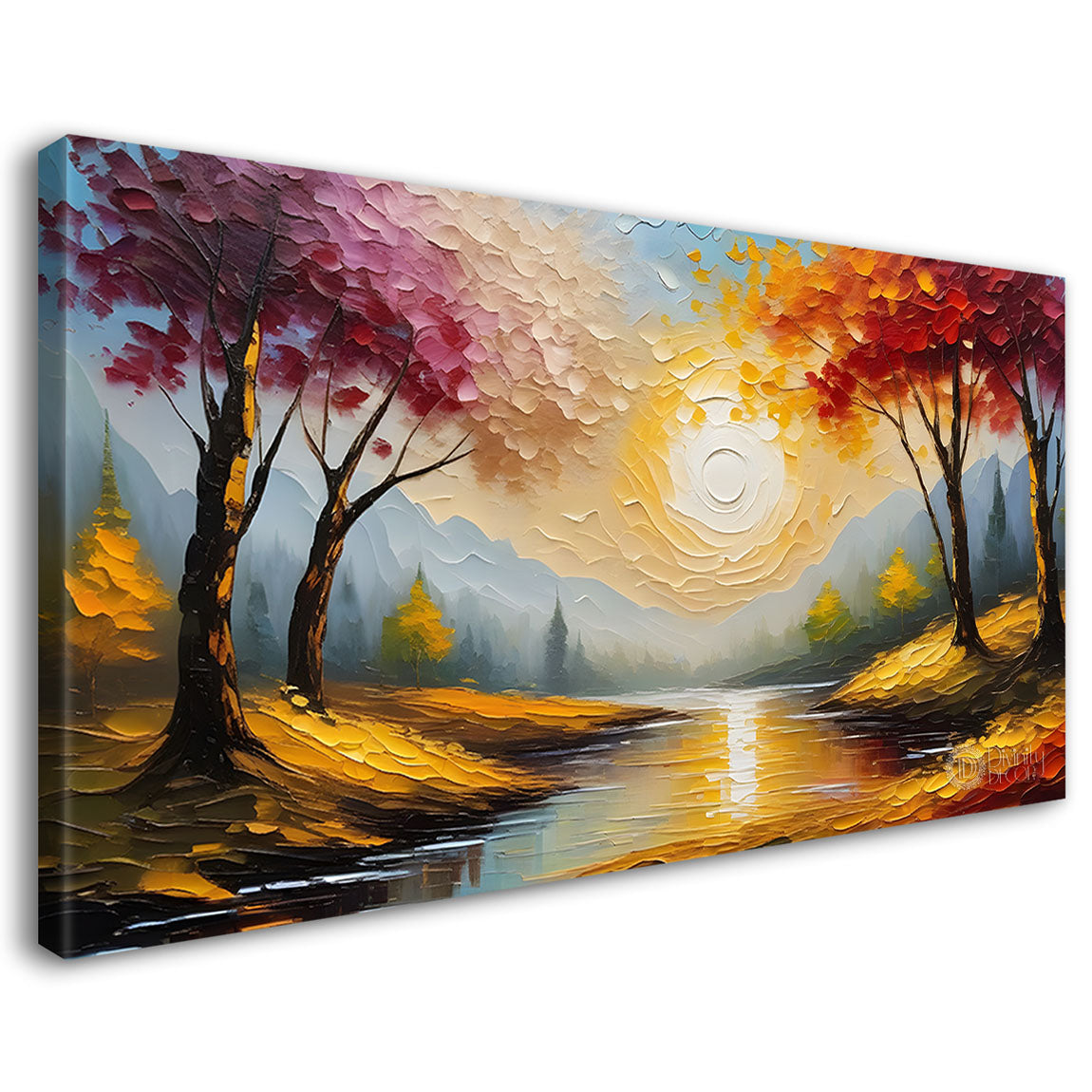 Colorful tree with sun and lake painting Canvas Painting - Nature Art -551