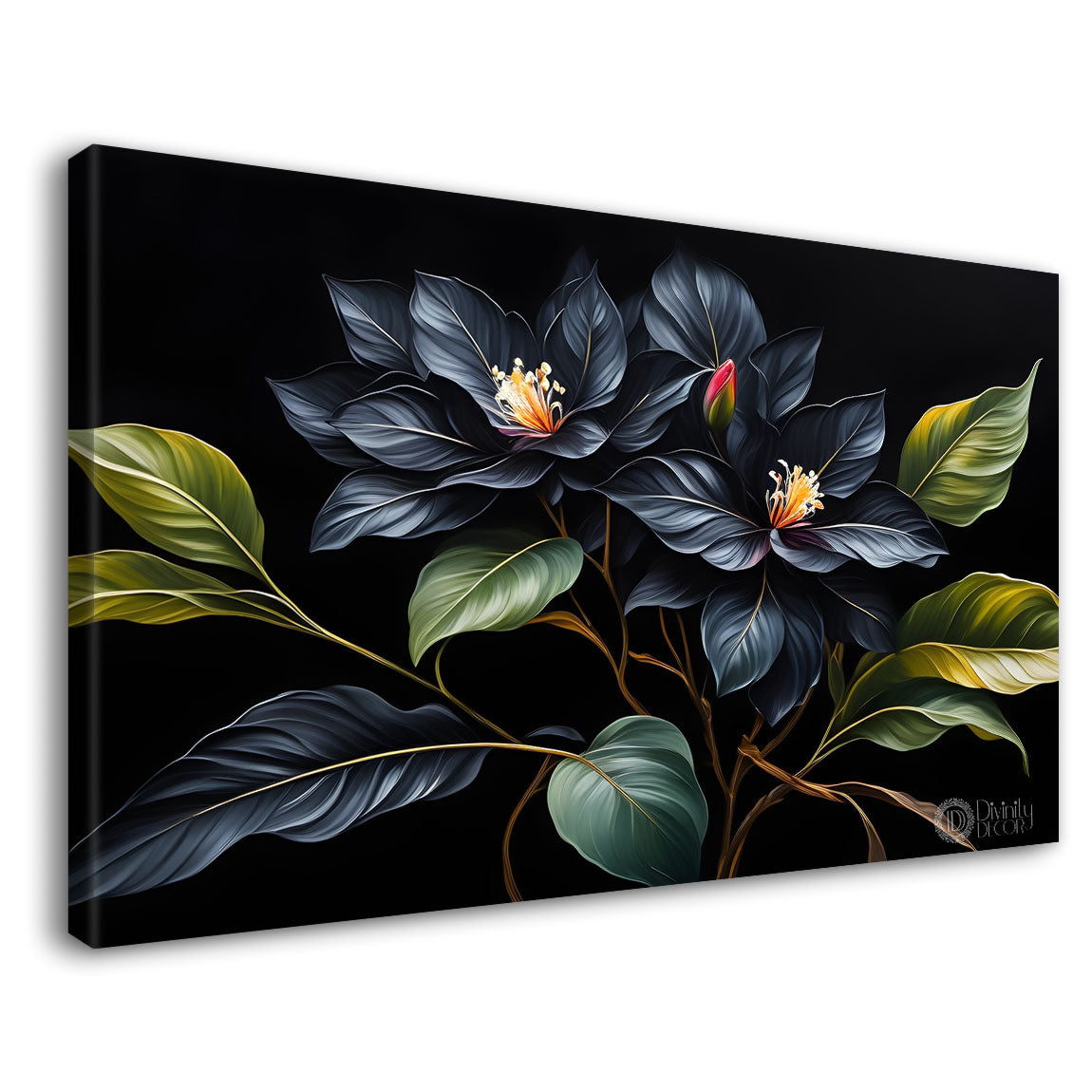 Navy blue flowers in black background canvas painting- Flower-553