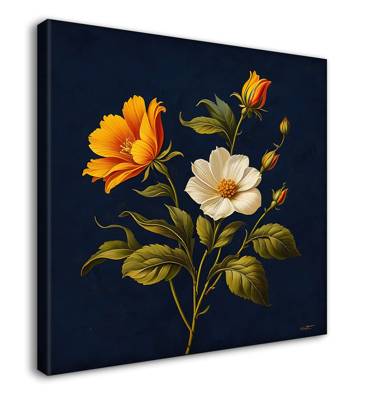 White and Yellow flowers in navy blue textured painting Flower-S-553