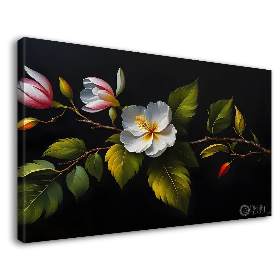 White and pink flowers in sea green background canvas painting- Flower-554