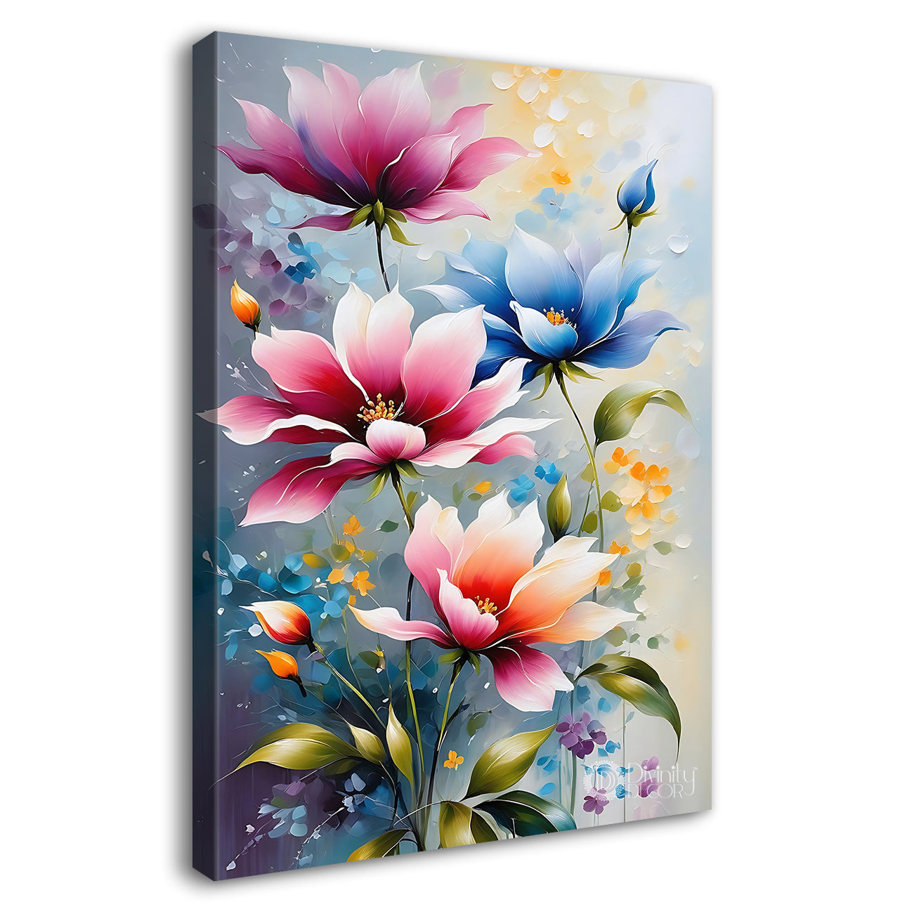 Blue and pink flowers in grey textured background   - Flower-V-554