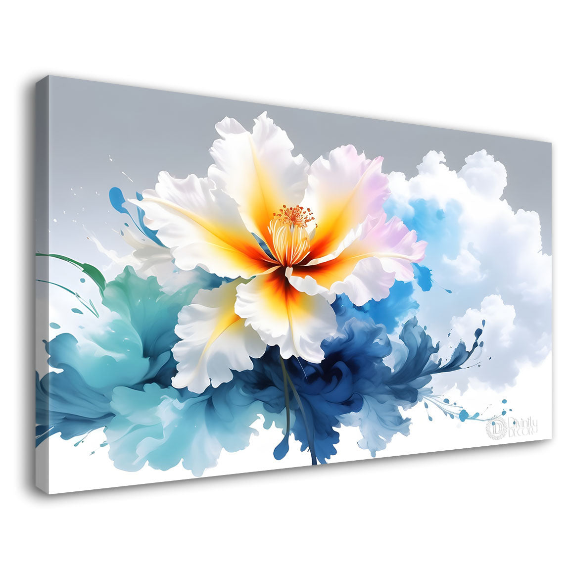 White flower in blue background canvas painting- Flower-555