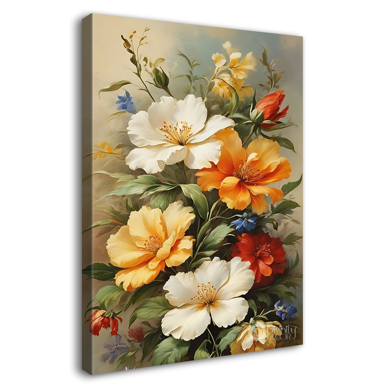 White and orange flowers in grey textured art  - Flower-V-555