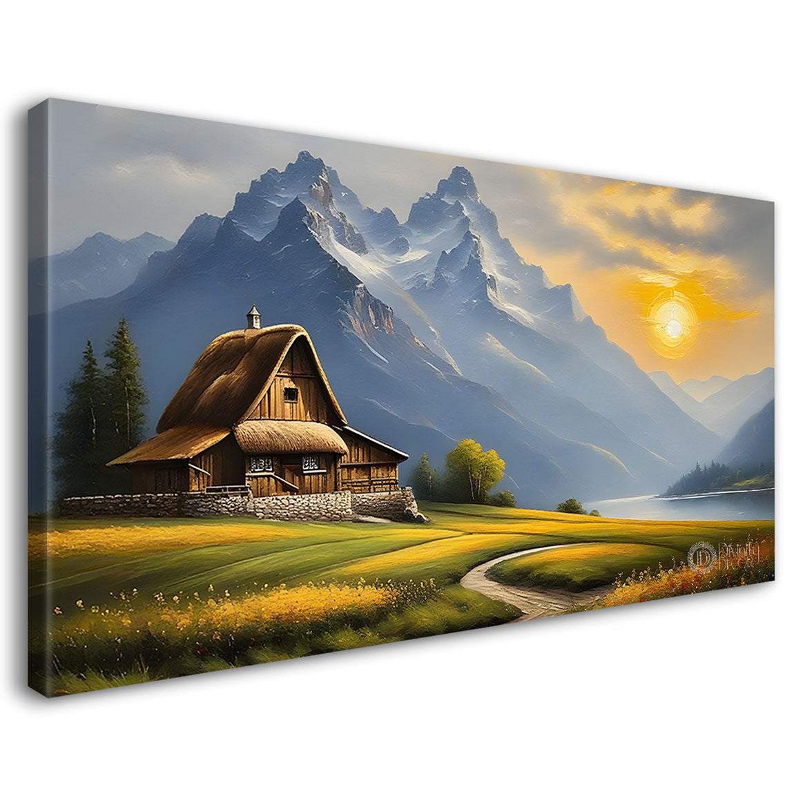 Mountains with greenery and house painting Canvas Painting - Nature Art -556