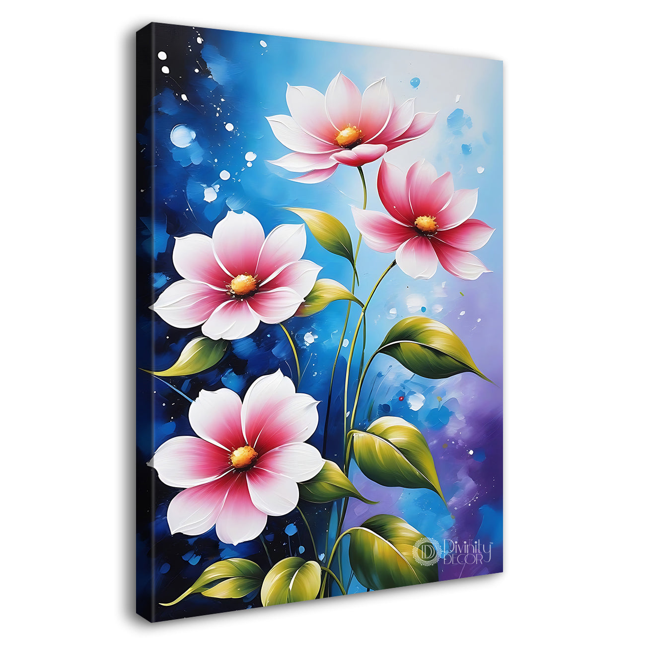 Pink flowers in blue textured painting  - Flower-V-556