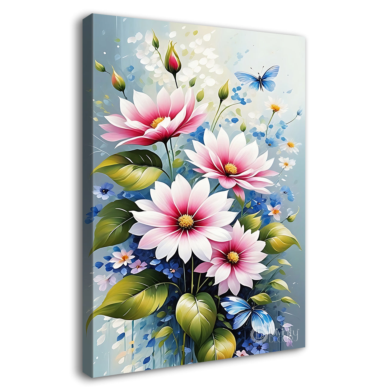 Pink flowers in grey textured painting- Flower-V-558