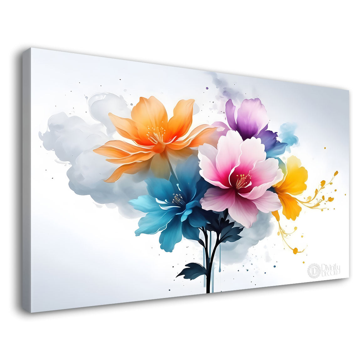 Colorful flowers in white background canvas painting- Flower-559