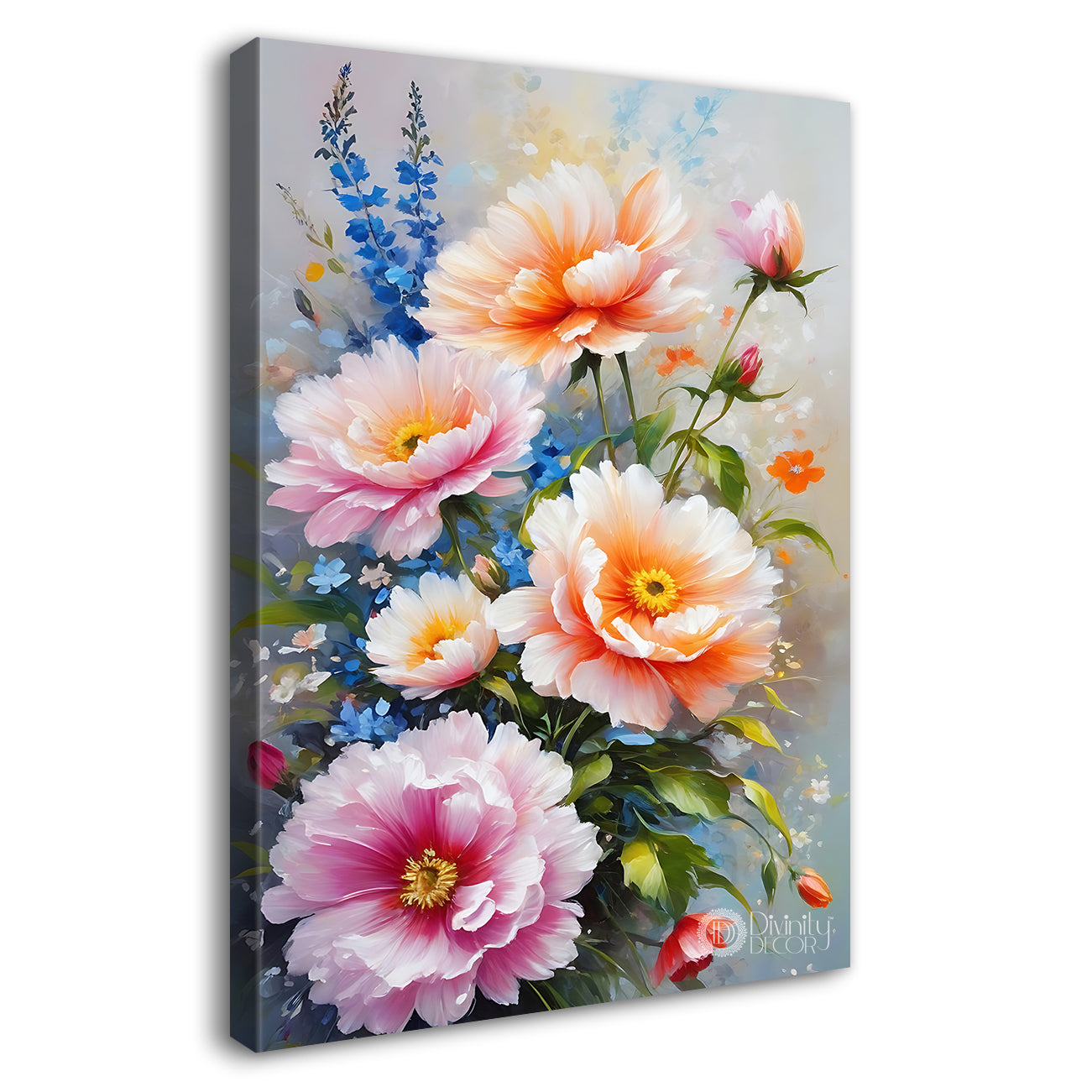 Pink flowers in grey textured painting- Flower-V-559