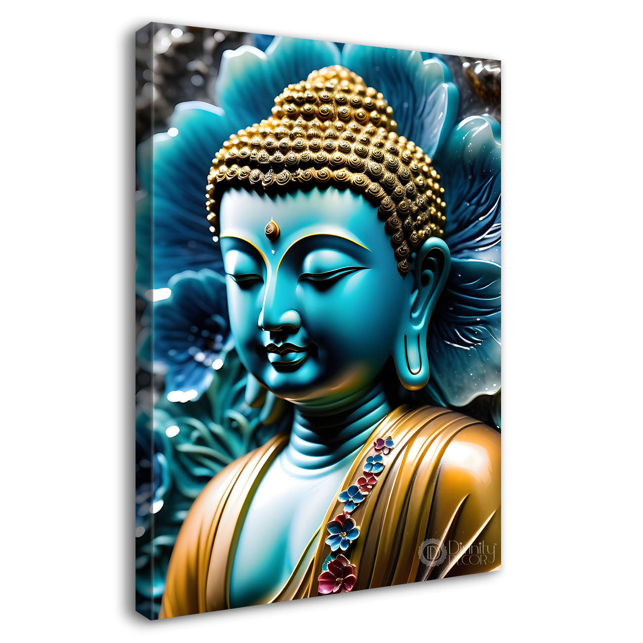 Blue buddha with blue flower background textured painting - Buddha-V-55