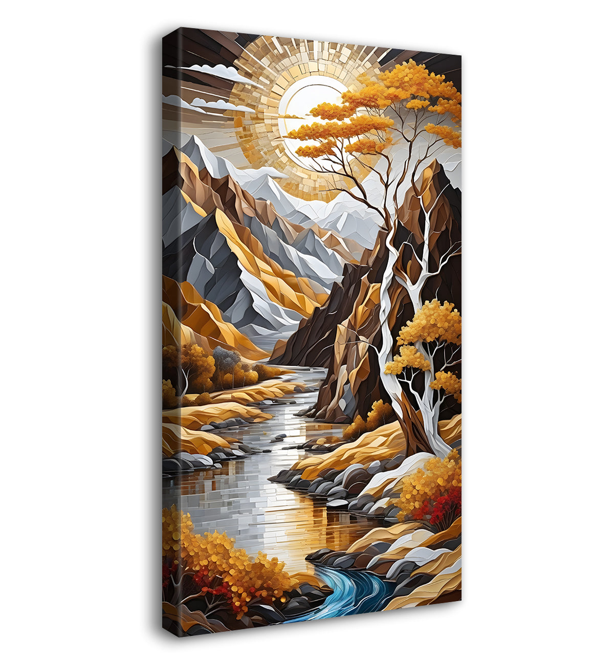 Mountians with lake , trees and moon in golden and white textured painting Canvas Painting - Nature Art -V-55
