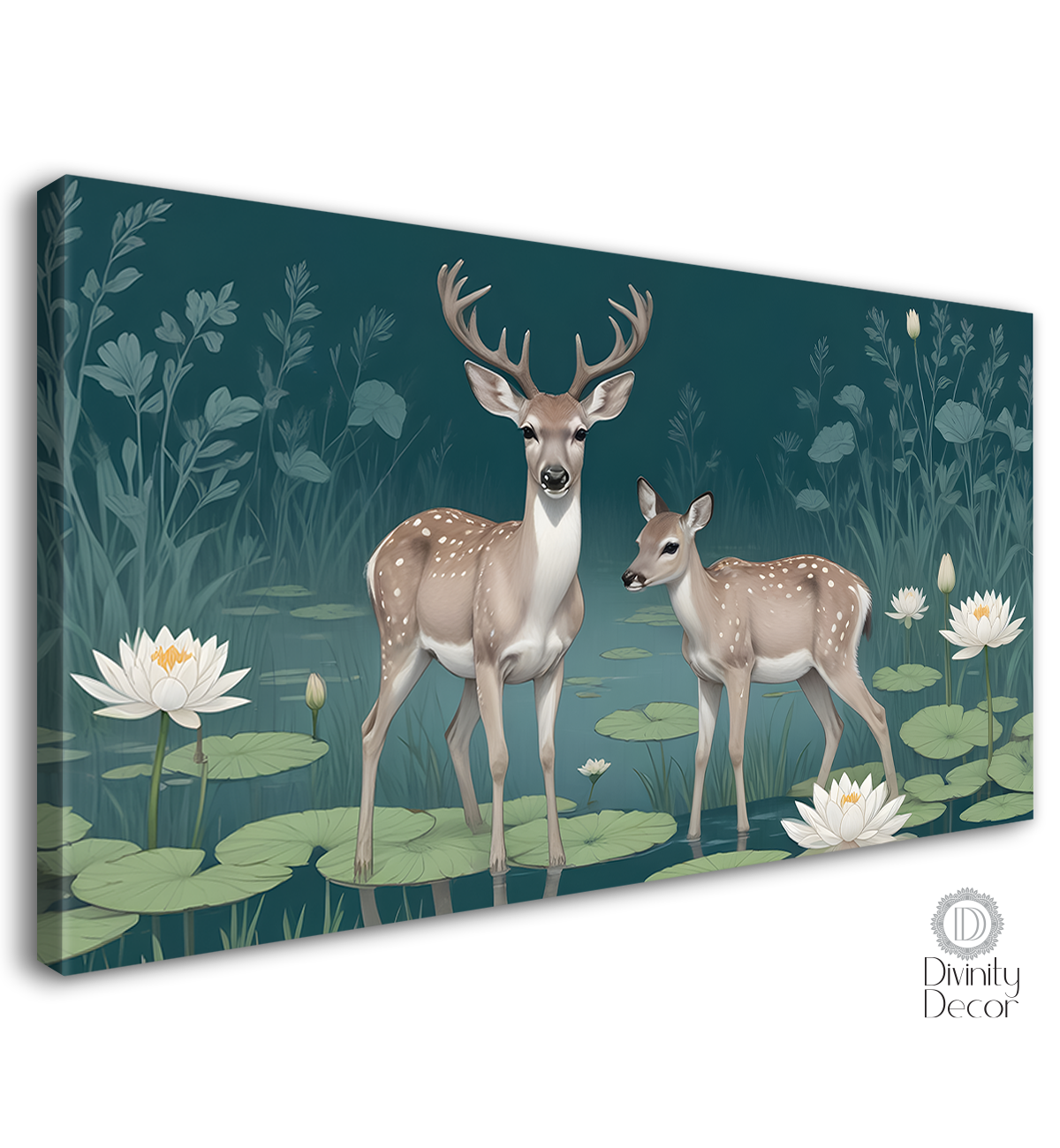 Two deer with white lotus in green background textured art.- Design - Animal -55