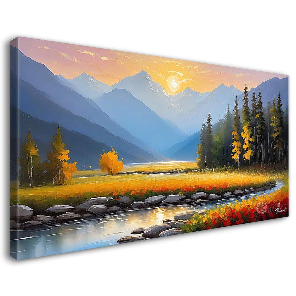 Mountains with colorful trees and lake in textured natural art Canvas Painting - Nature Art -55
