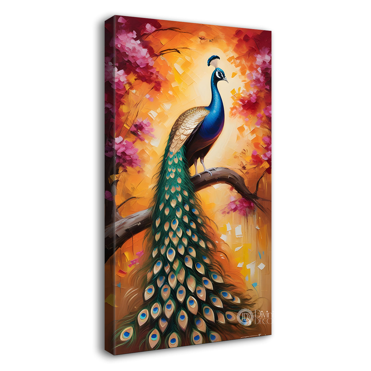 Peacock on branch with bright background modern art painting  - Design - Peacock-V-55