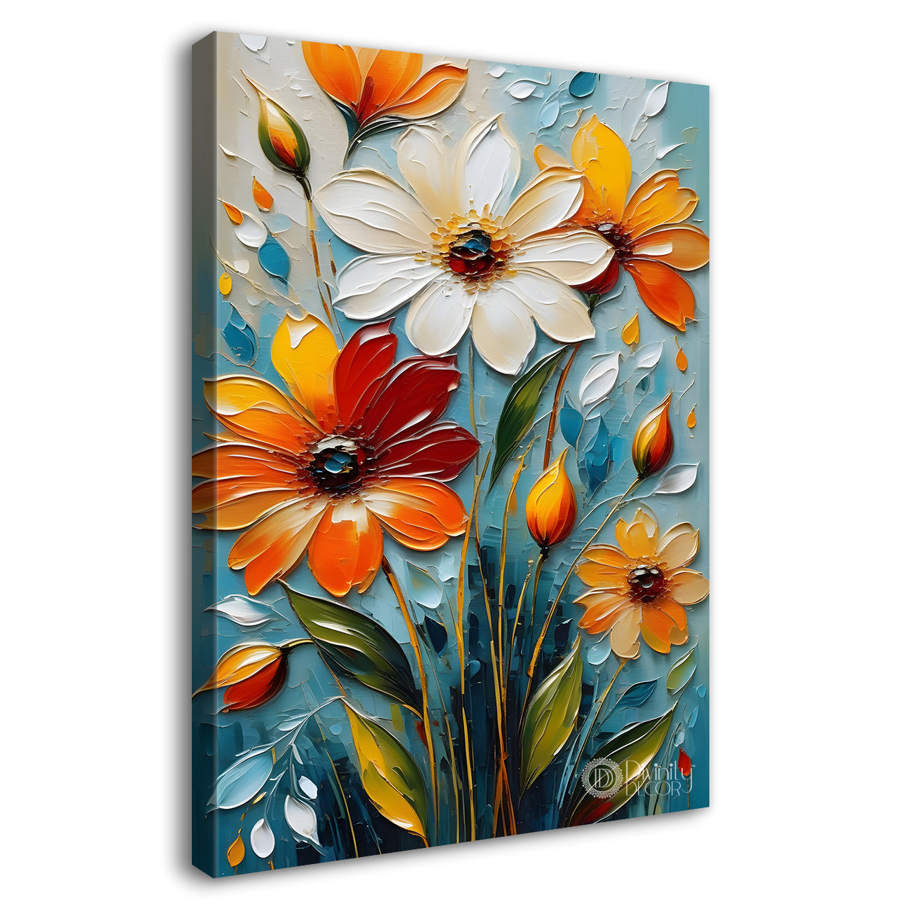 Orange and white flowers in blue textured background painting - Flower-V-55