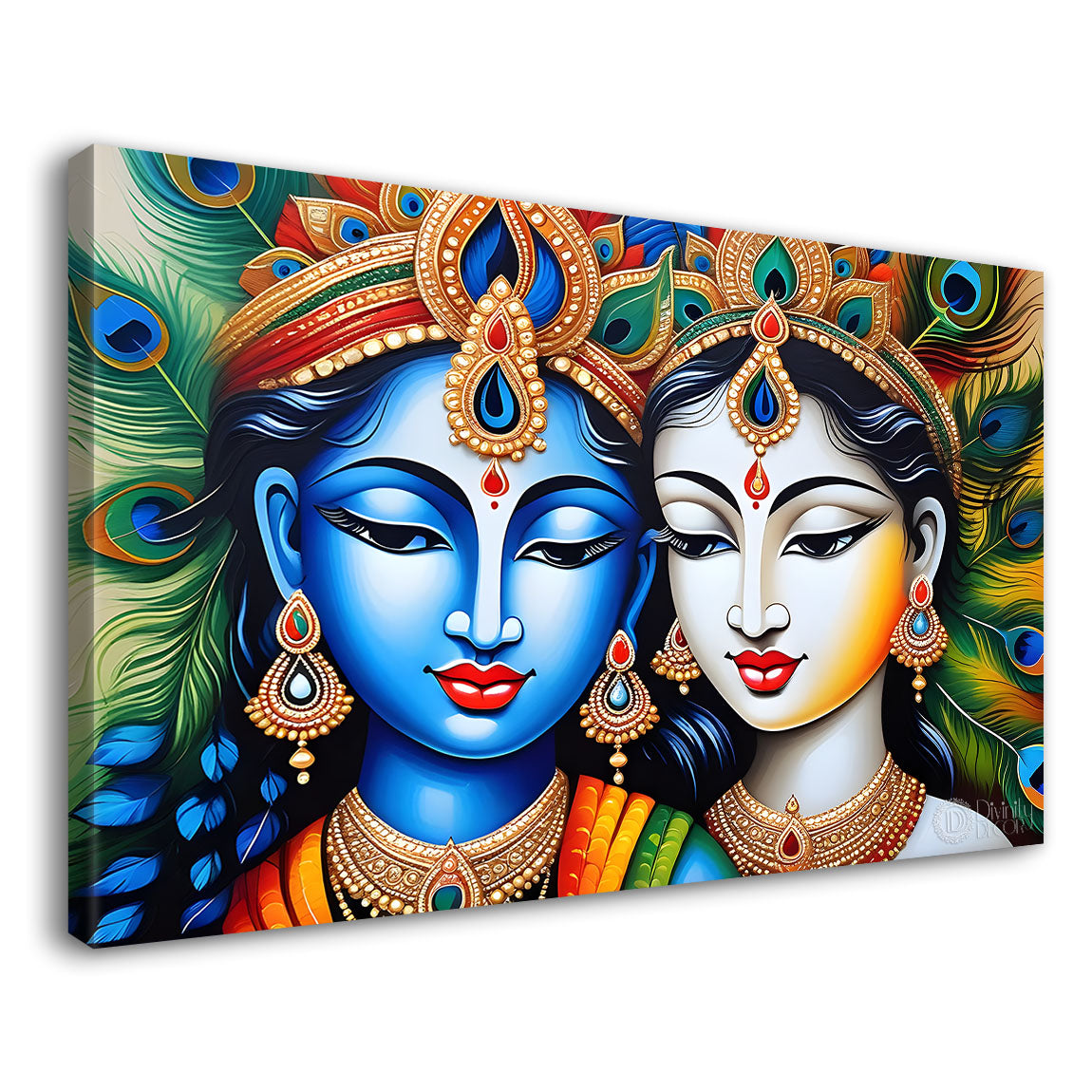 Blue face Krishna and Radha with peacock feathers painting Canvas Painting - Design - Krishna-55