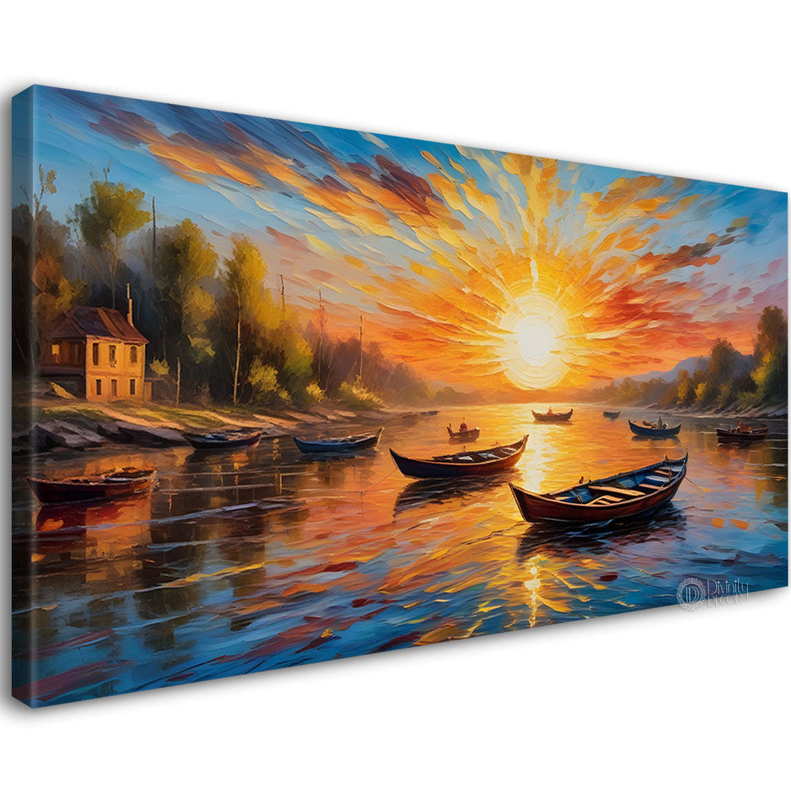 Boats in river with sunset view textured modern art canvas painting - Design - River-55