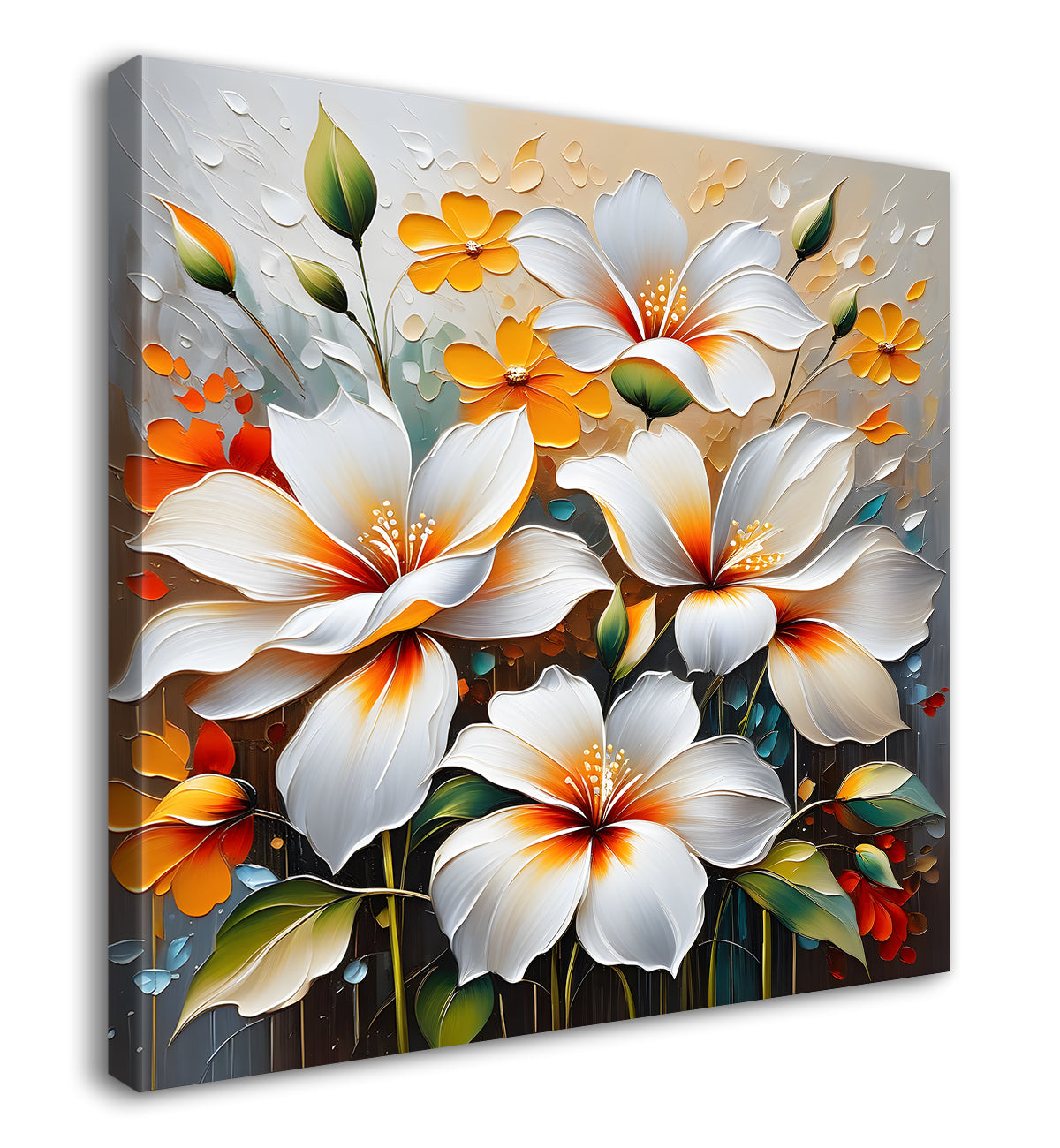 White flowers in grey and yellow background textured painting  - Flower-S-55