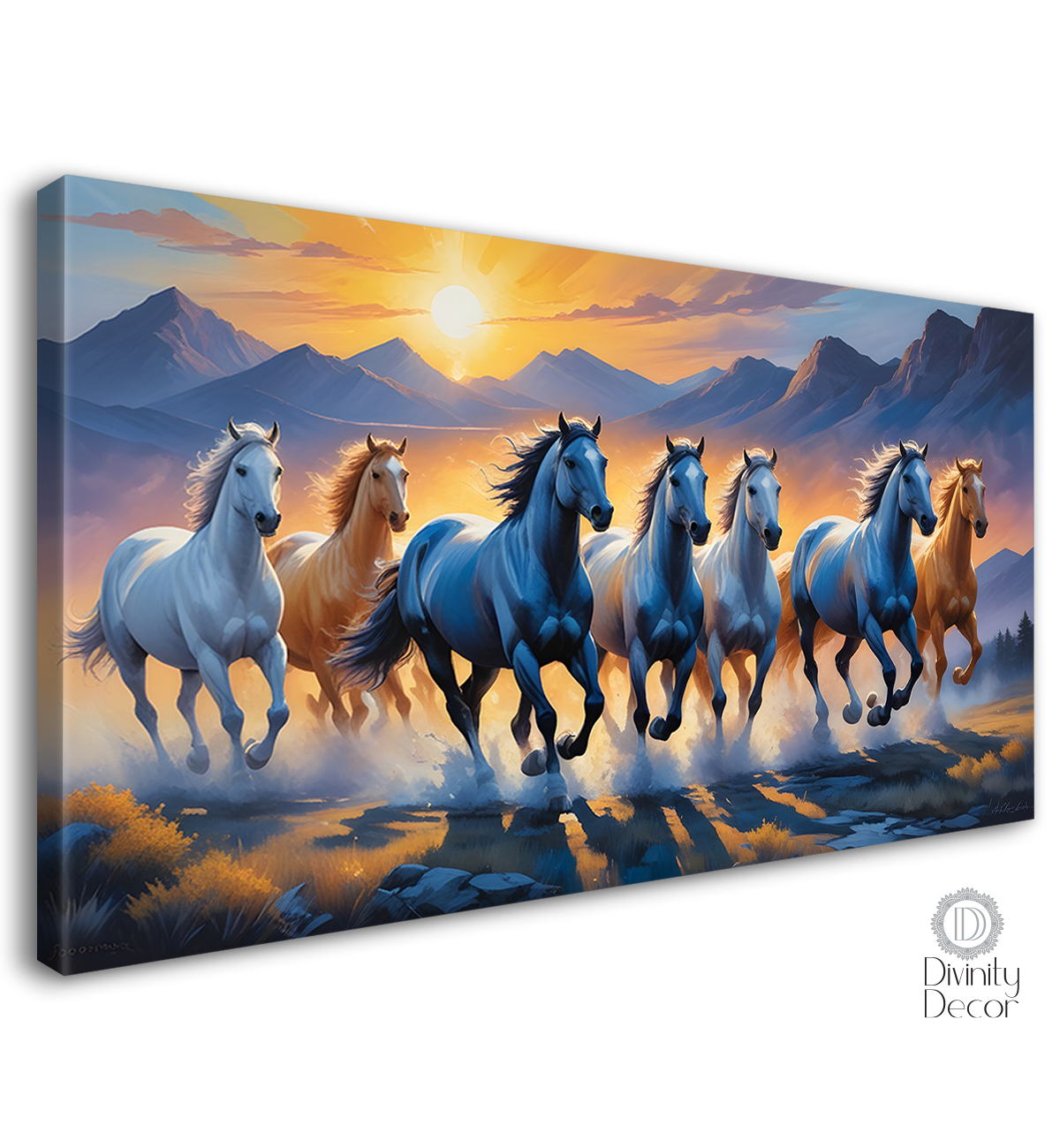 Brown and blue running horses with mountains and sunrise in blue textured background art Canvas Painting - Design - Horse-56