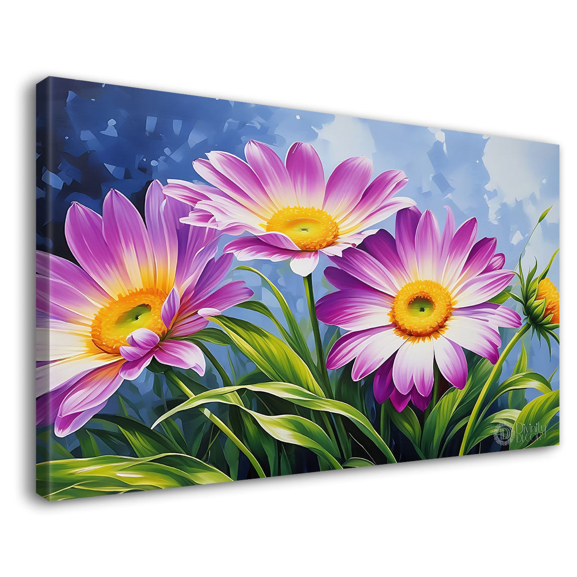 Pink flowers in blue background canvas painting- Flower-560