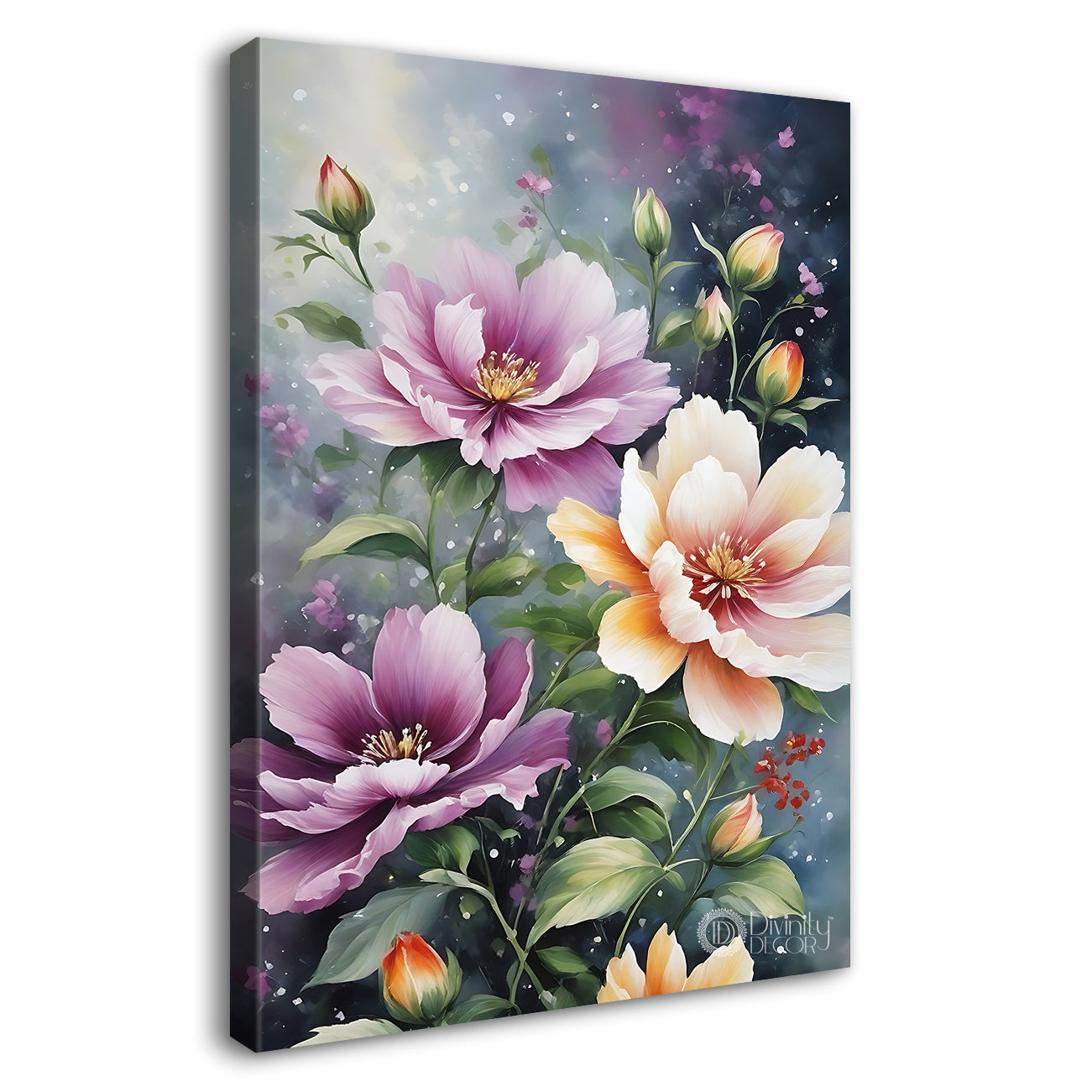 Purple and white flowers in grey textured painting- Flower-V-560