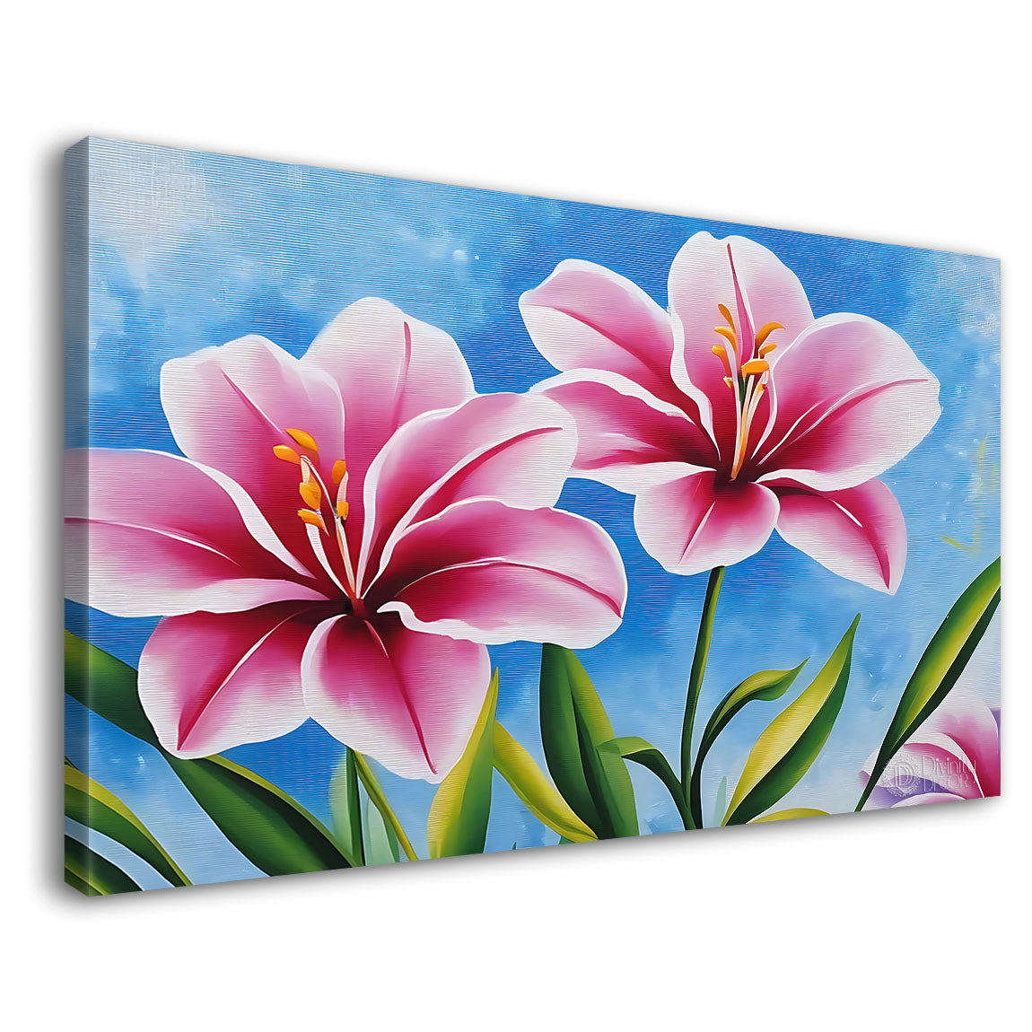 Pink flowers in blue background canvas painting- Flower-562
