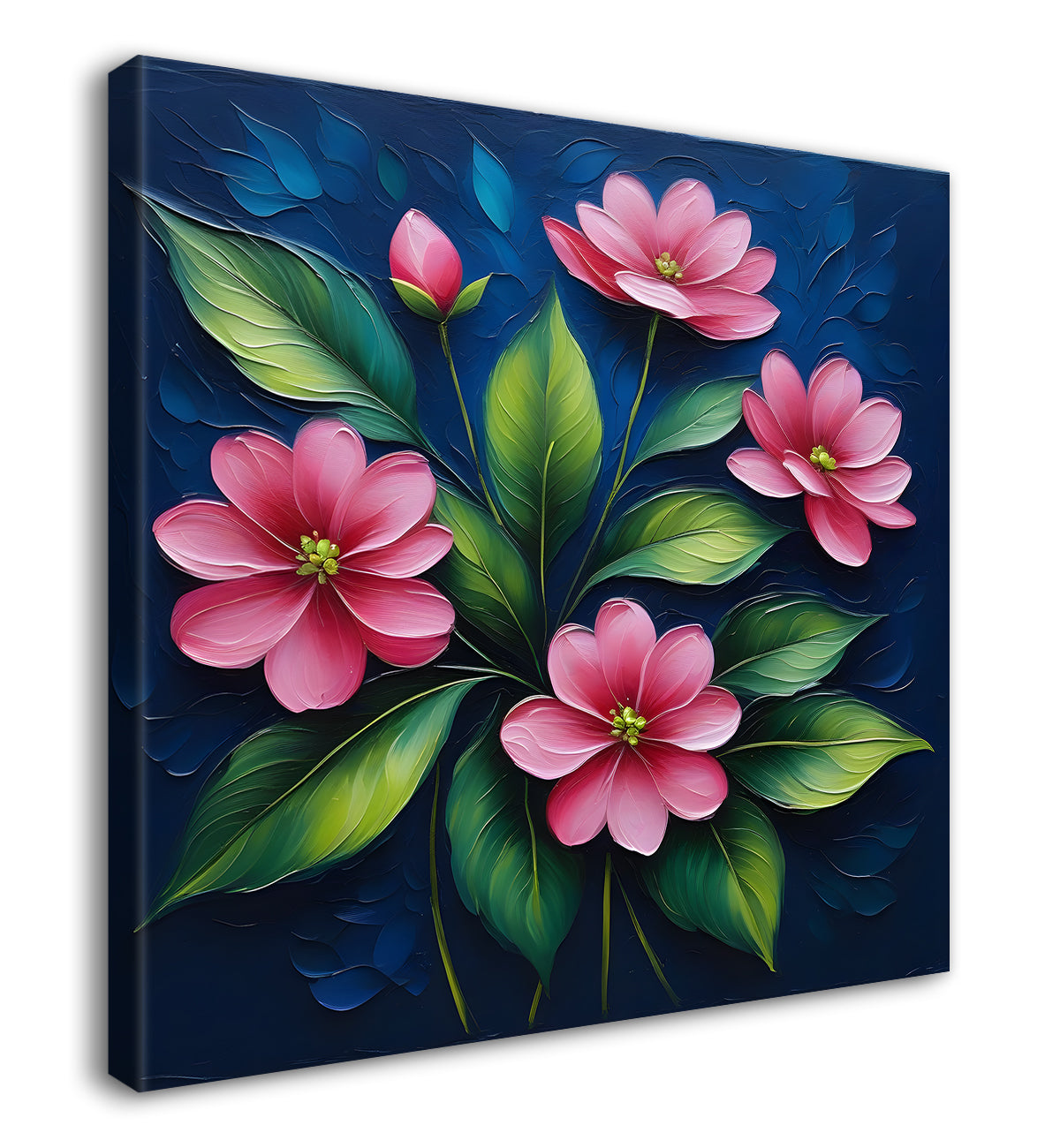Pink flowers in navy blue textured painting Flower-S-562