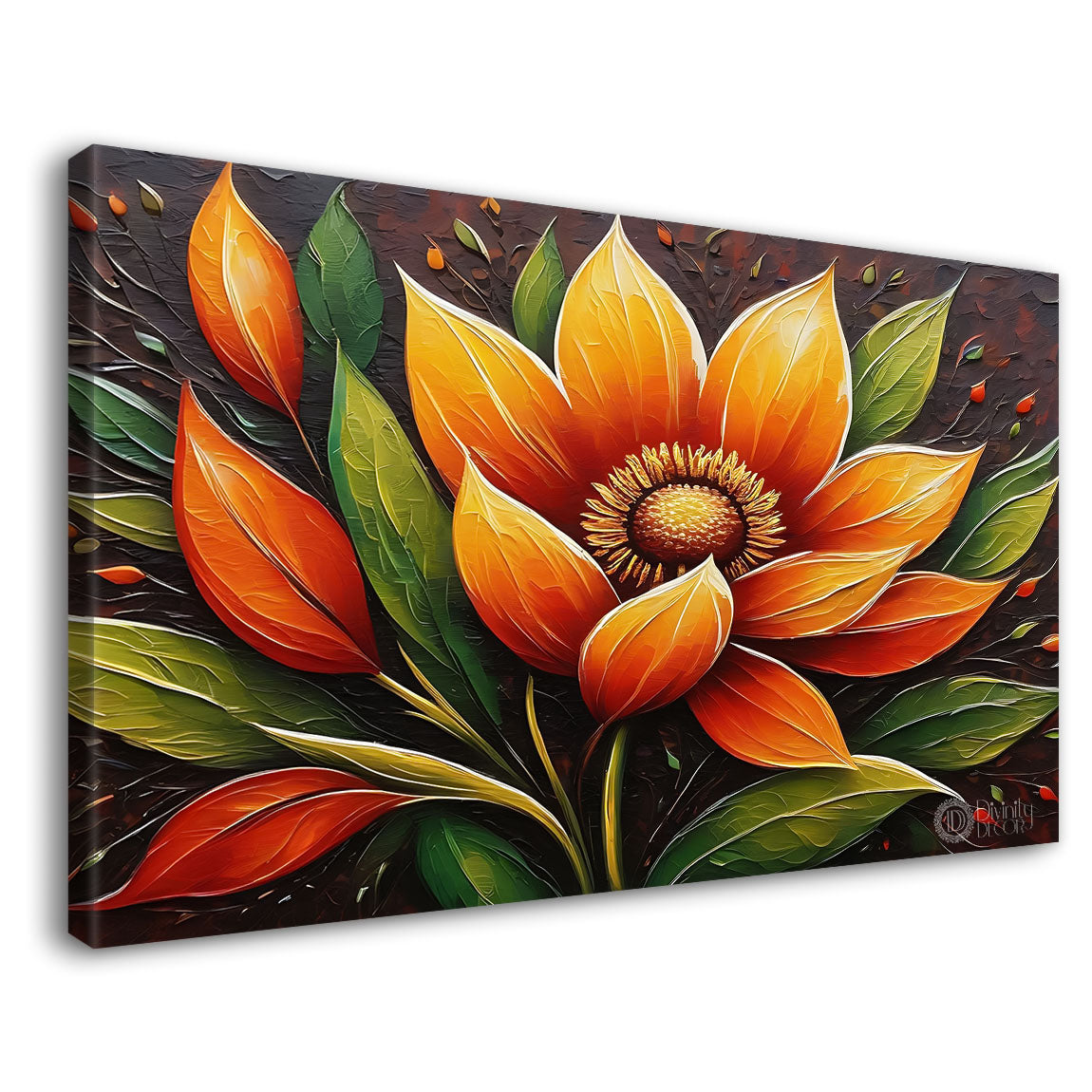 Orange flower with brown background canvas painting- Flower-563