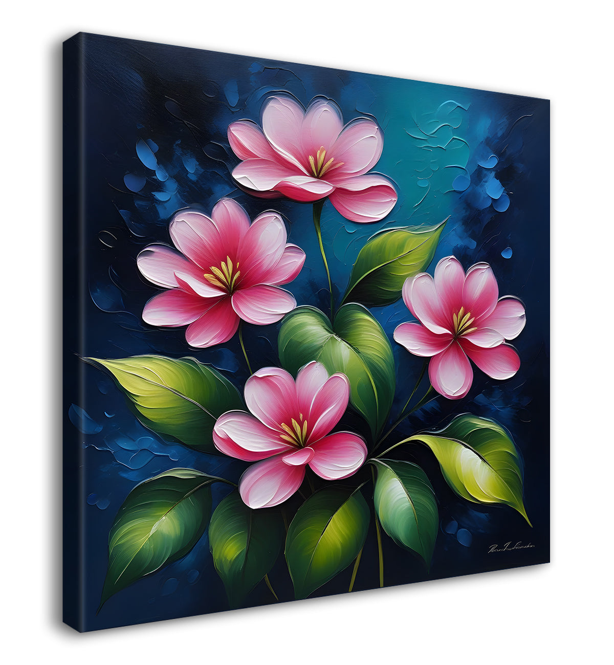 Pink flowers in navy blue textured painting Flower-S-563
