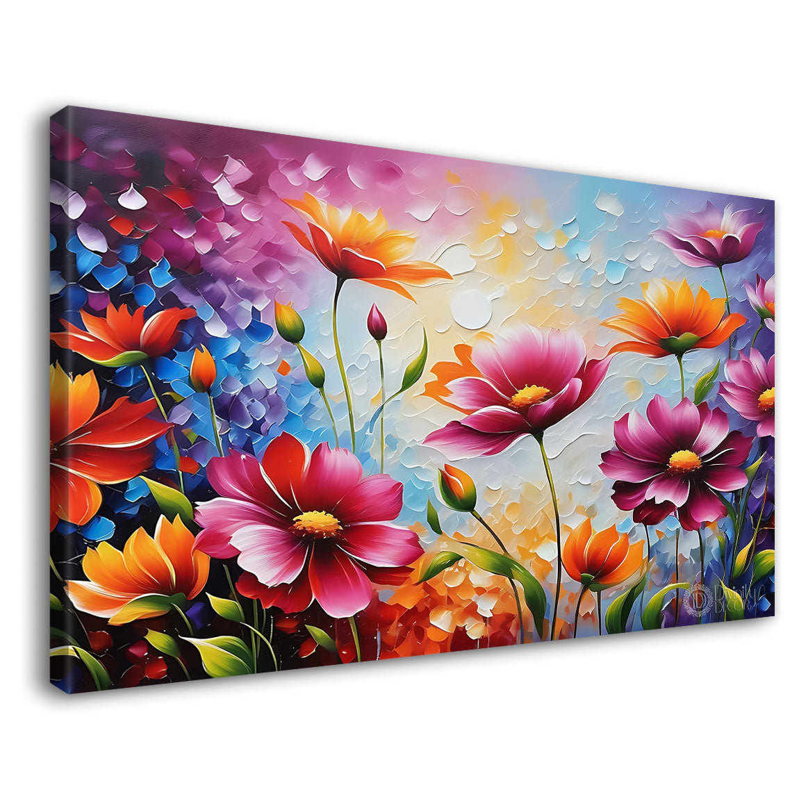 Colorful flowers in blue background canvas painting- Flower-564